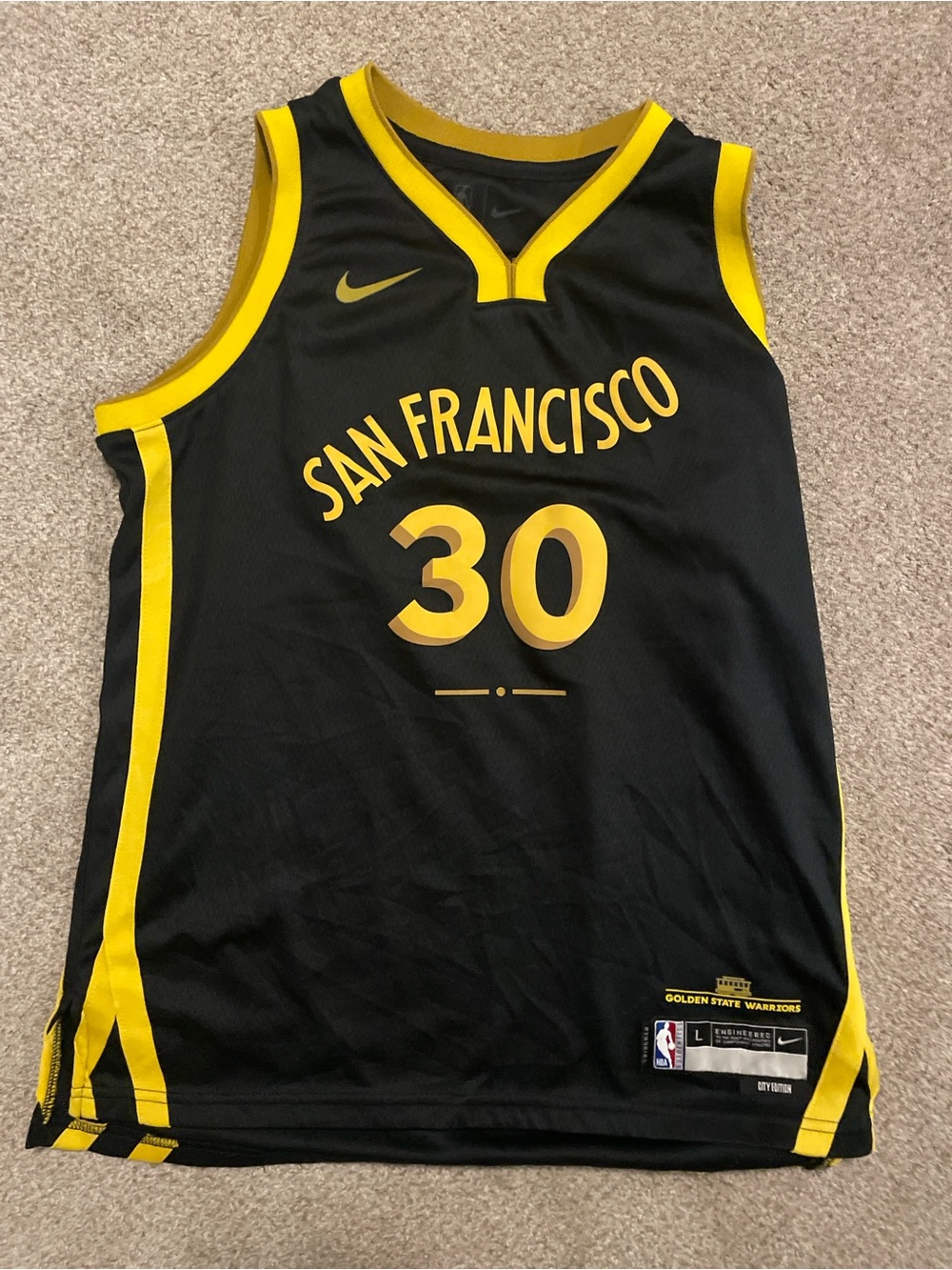 Nike Golden State Warriors Black and Yellow NBA Jersey - L
